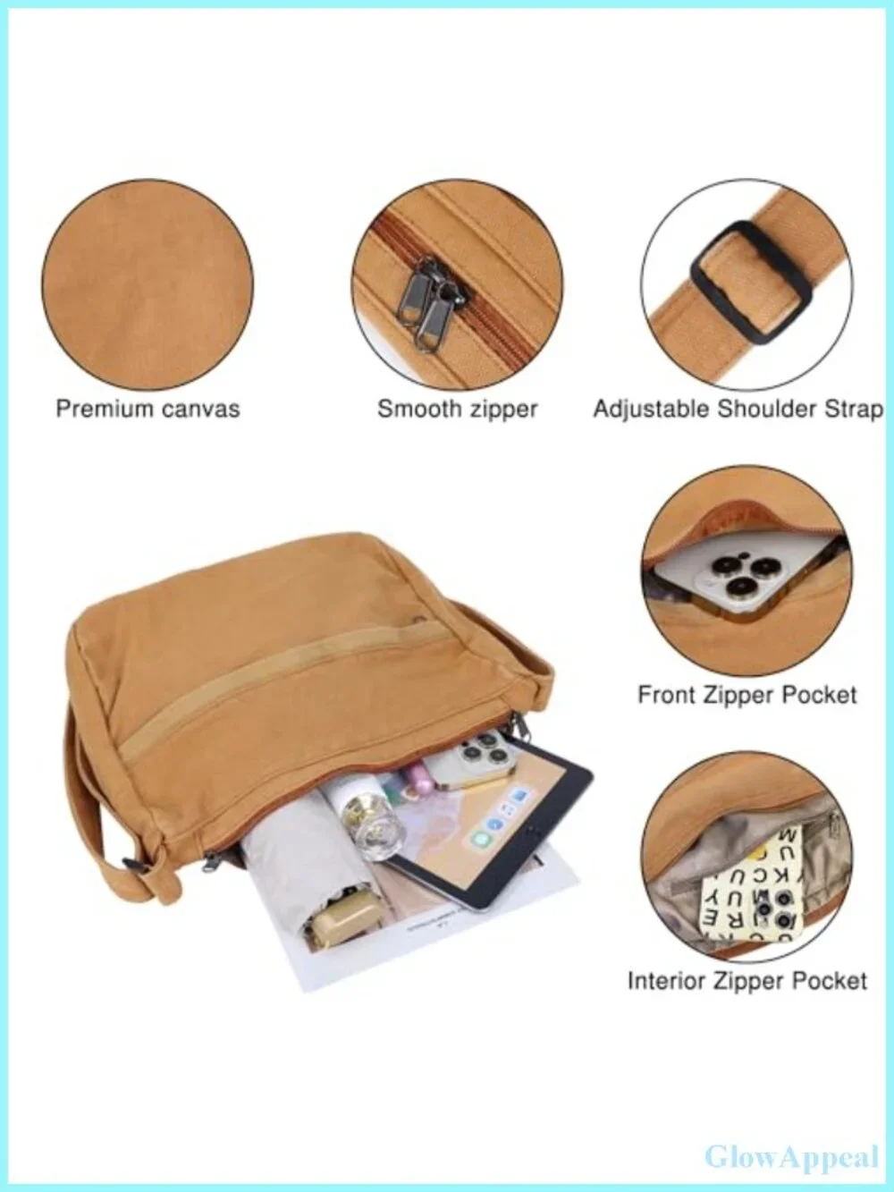 Canvas Messenger Bag Large Hobo Crossbody Zipper Tote Handbag